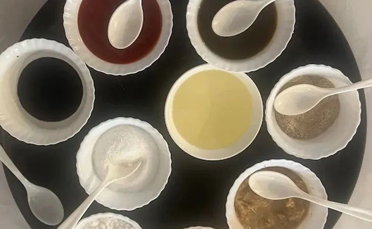 Top view of assorted condiments and spices